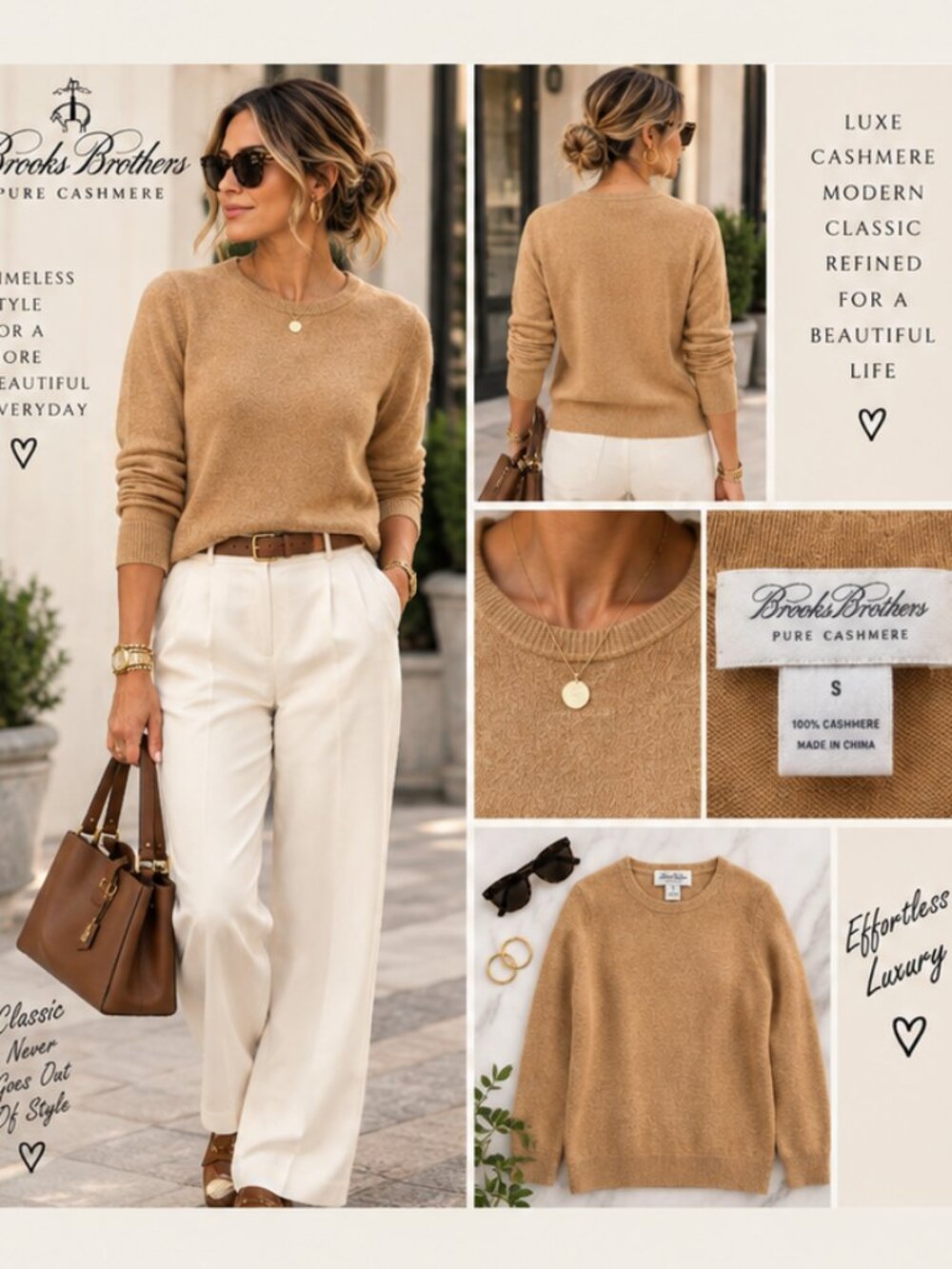Brooks Brothers Sweater S 100% Pure Cashmere Camel Tan Crewneck Quiet Luxury